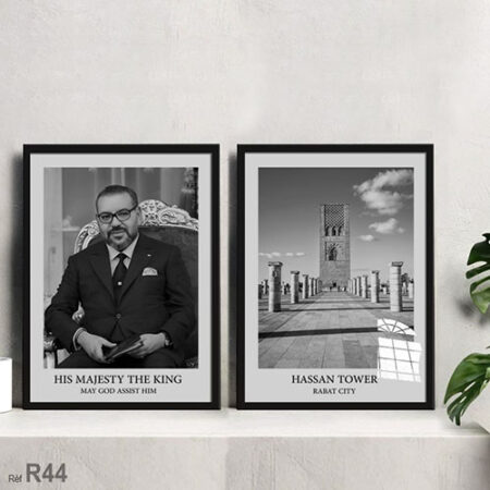 Tableau décoratif noir & blanc Bureau & salle représentant le Roi Mohammed VI et la mosquée Hassan à Rabat, Achat en ligne الملك محمد 6