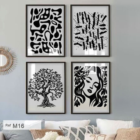 Décoration murale minimaliste salon : 3 panneaux artistiques, tableau motif, femme et arbre de vie, intérieur moderne