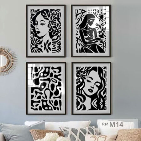 Décoration murale sobre : quatre tableaux sous verre, illustration des femmes zen, cadres au design inspirant.