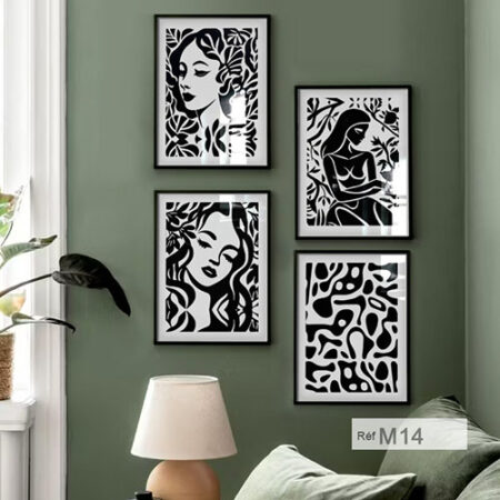 Décoration murale élégante : Quatre œuvres encadrées sous verre, représentant des femmes avec design noir
