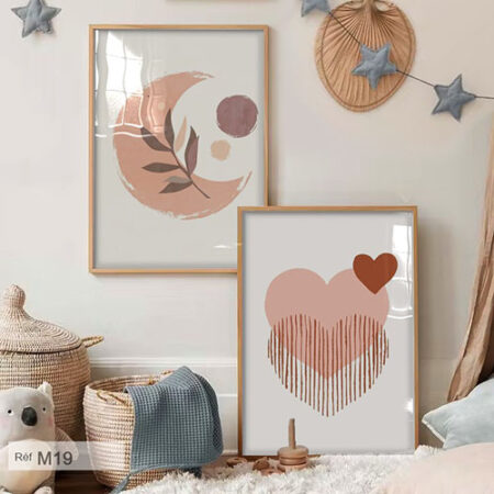 Tableau artistique decor murs maison, teintes pastels orangés, illustrant une lune poétique & cœur d'amour لوحة رومانسية
