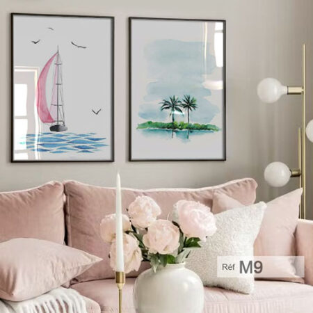 Peinture aquarelle représentant un paysage tropical avec palmier, mer et bateau à voile, tableaux murale artistique sur toile encadrée