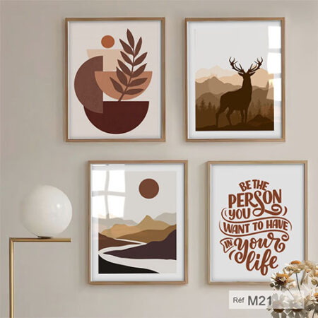 Tableaux artistiques minimalistes : paysage & cerf scandinave pour intérieur au Maroc, peintures décoratives inspirées de nature, panneaux encadrés