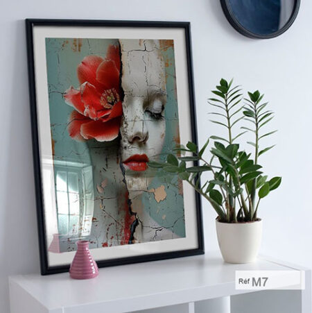 Peinture romantique décorative : portrait féminin et rose abstraite, tableau décoration murale à Casablanca et tout Maroc لوحة رومانسية