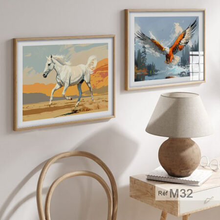 Vente tableaux d'art décoratif, peinture d'un cheval blanc et d'un aigle aux couleurs vives, salon ou la chambre