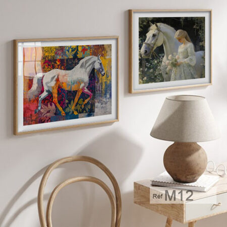 wall decor for living room - Tableaux intégrés d'art décoratif : jeune fille et son cheval blanc, illustration peinte en style impressionniste pesaonalisé