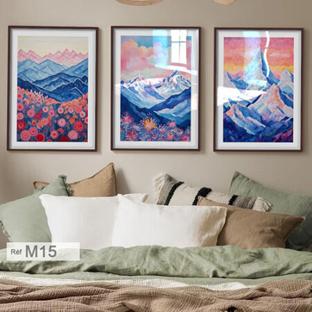Trois tableaux décoratif : paysage naturel de montagne, couleurs pastel d'automne