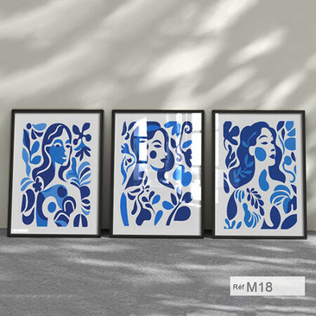 Trois cadre decoratifs d'art murales moderne : portrait féminin élégant abstrait en bleu ciel - 3 panneaux muraux