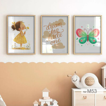 Thème princesse et papillon, trio de cadres en bois élégants, Tableaux décoratifs pour chambre de bébé fille & enfant