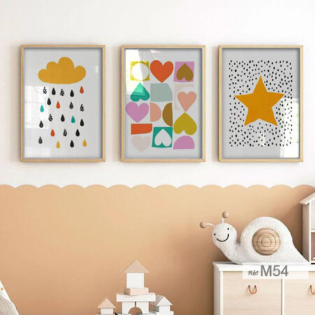 Trois cadres en bois prêts à être accrochés, idée de tableaux décoratifs pour chambre de bébé et enfant, cadres Triptyques en ligne