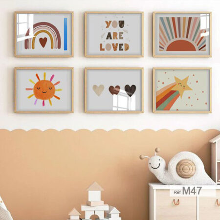 Tableaux décoratifs enfant, chambre bébé fille ou garçon, arc en ciel & etoile, cadre beige créés au Maroc, Casablanca