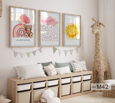 Trois œuvres d'art colorées pour décorer la chambre d'un bébé et d'une petite fille, peinture murale enfantine, Tableaux décoratifs