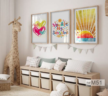 Tableaux artistique chambre de bébé et enfant fille, dessin coucher de soleil et et citation, couleurs vifs avec cadre