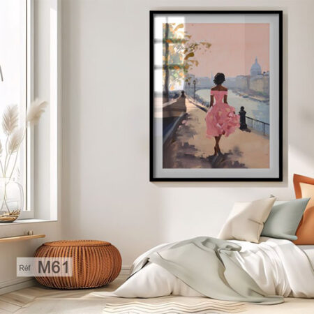 Tableau vertical, Silhouette féminine en robe rose, rues parisiennes, œuvre décorative abstraite, cadre noir sous verre crylique