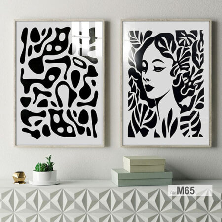 Tableau moderne décoratif simple, portrait d'une jeune femme élégante avec un motif en noir et blanc