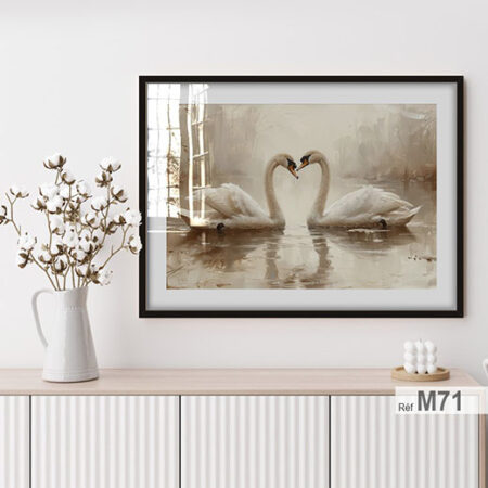 Art mural d'oiseaux, Deux élégants cygnes blancs, affiche décorative pour chambre, bureau, salon et salle au Maroc