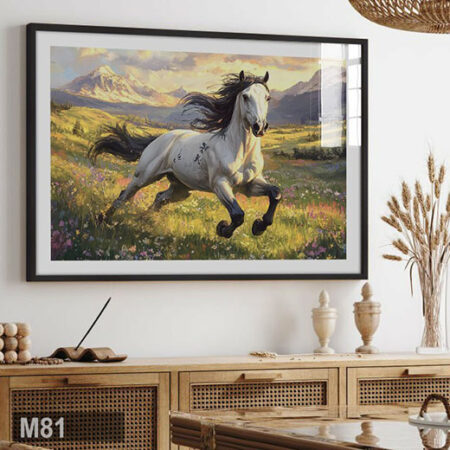 Jument cavale à travers une prairie sauvage, tableau artistique, décoration murale, paysage naturel encadré, tableaux Mureaux