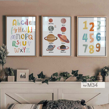 Trois tableaux muraux pour chambre d'enfant : alphabet et chiffres scolaires, 12 planètes du système solaire لوحات غرفة أطفال