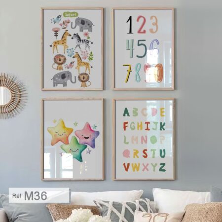 Quatre Tableaux chambre enfant & bébé, animaux de jungle, idées deco mixte au Maroc, Quadriptyque avec cadre en bois