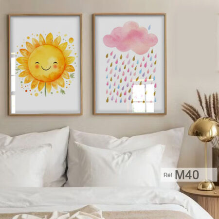 Deux toiles minimalistes, soleil et nuages sous pluie d'hiver, pour chambre enfant mixte, tableaux décoration douce & apaisante