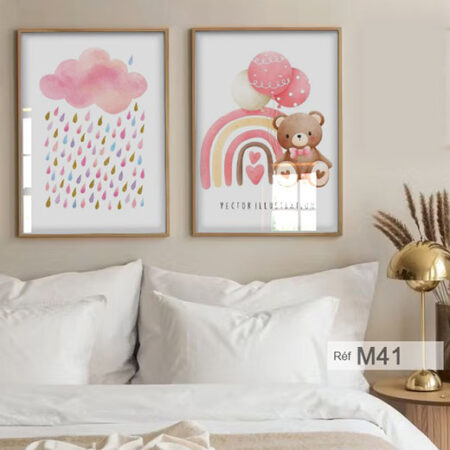 Décor chambre fille, avec arc-en-ciel et nuage pour une touche douce et enchantée, Deux tableaux minimalistes roses