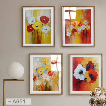 Quatre Tableaux déco murale, Coquelicots rouges, blancs & jaunes, fleurs couleurs vibrantes le printemps, Cadre Quadriptyques au Maroc casablanca