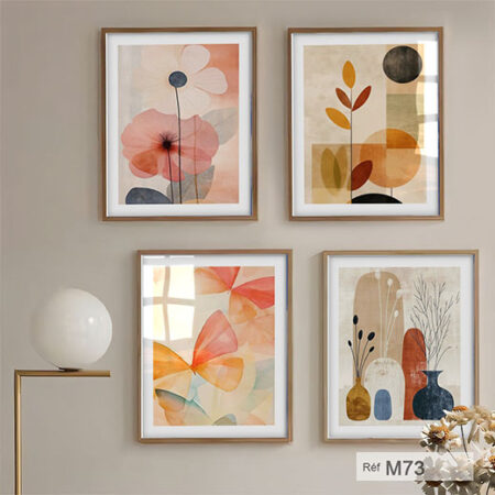 Fleurs et plantes dans un style épuré, Quatre toiles murales minimalistes inspirées du Maroc, tableaux à Marrakech et tout le Maroc