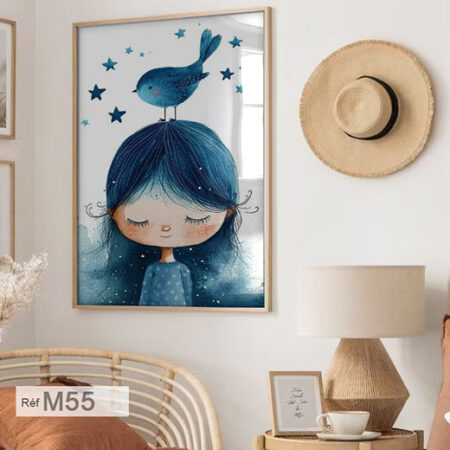 Illustration artistique de tableau décoratif, portrait d'une jolie petite fille de dessin animé, encadrée avec du bois naturel
