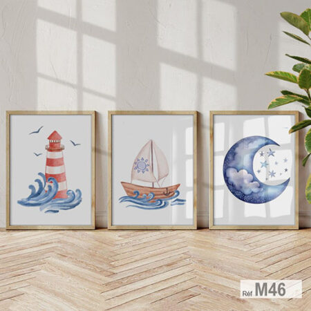Tableaux Triptyques pour chambre garçon bleu, thème marin avec bateau et mer, livraison rapide au Maroc., cadre beige, showroom à Casablanca