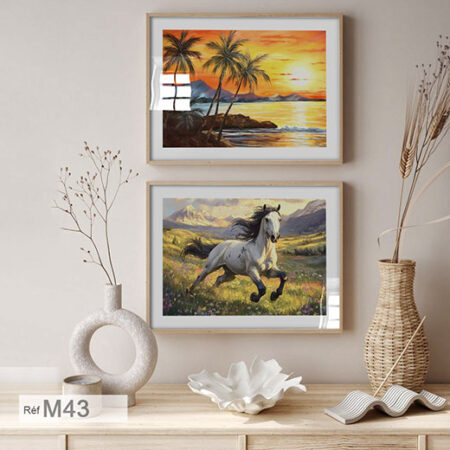 Tableaux décoratifs modernes tropicaux, cheval blanc & paysage de palmiers vibrants, deux cadres moderne pas cher à Rabat
