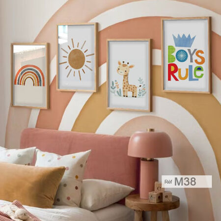 Quatre tableaux décoratifs pour chambre enfant mixte, arc-en-ciel et soleil, inspirations déco créatives au Maroc