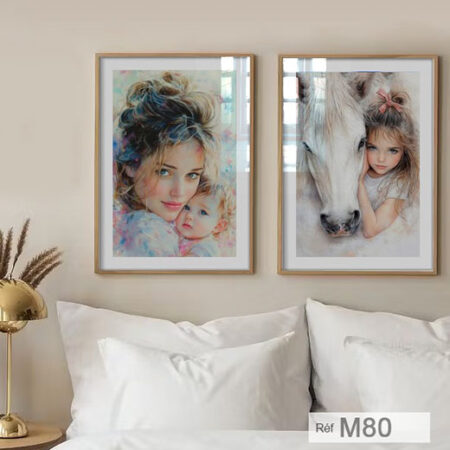 Magnifique femme avec enfant et cheval blanc, décoration intérieure Maroc, Portrait cadre art mural