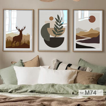 idée cadeau et décoration contemporaine, Groupe de tableaux modernes représentant un cerf et un paysage dans des cades Triptyques