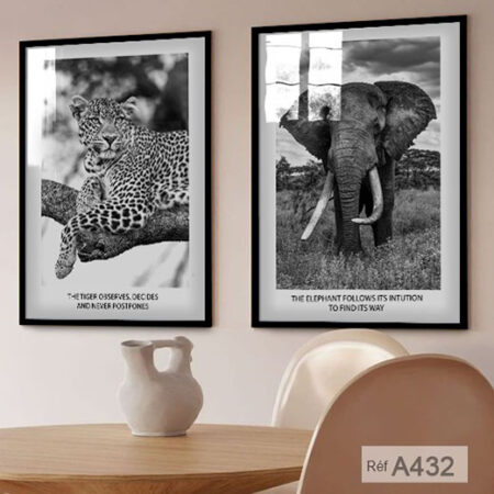 Savane en monochrome, tigre & éléphant, art mural élégant, imprimé encadré en bois, tableau decoratif intérieur