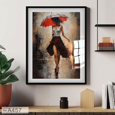 Tableau élégant d'une femme gracieuse sous un parapluie rouge dans la pluie, encadré sous verre, au Maroc