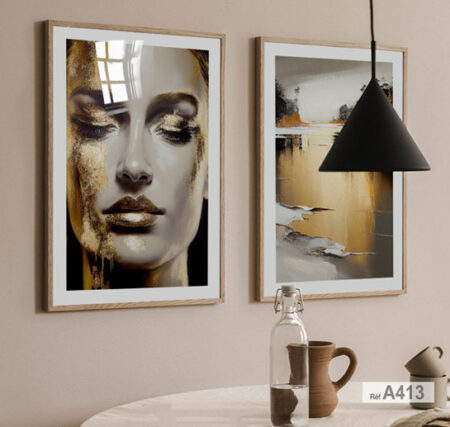Tableau décoratif abstrait de visage féminin, peinture dorée avec cadre élégant au Maroc طابلو ديكور فني