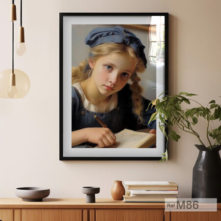 Portrait d'une jeune étudiante, peinture à l'huile d'un visage féminin délicat et raffiné, Tableau avec encadrement en bois