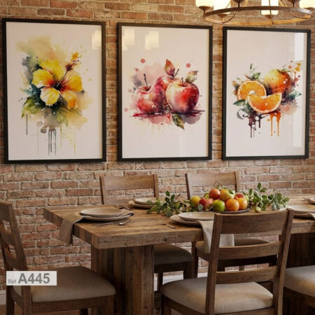 Tableau Fruits et Fleurs: Triptyque Décoration Murale Cuisine – Pommes, Oranges & Hibiscus Aquarelle contemporain au Maroc