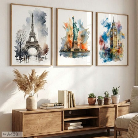 Troix Tableaux verticals décoratifs peinture aquarelle des métropoles internationaux : Tour Eiffel à Paris, Londres & statue de liberté New York en Amérique vendu au Maroc depuis Casablanca