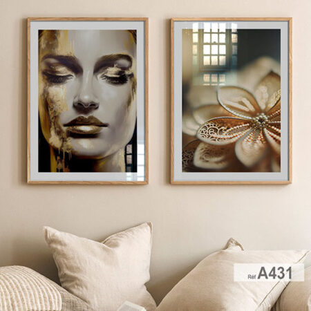 Portrait femme & fleurs d’or, toile murale artistique, décoration maison raffinée & salon de beauté, tableaux au Maroc
