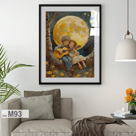 Peinture à l'huile murale, scène enfantine, fille & garçon jouant de la guitare sous la lune, décoration chambre enfant لوحة رومانسية