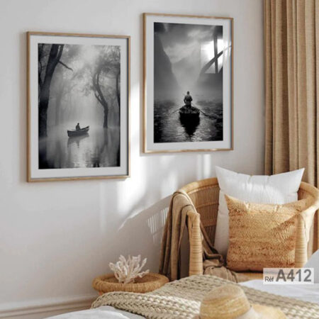 Tableau décoratif paysage isolé avec bateau, art mural inspiré du Maroc en noir et blanc, idées originales au Maroc طابلو ديكور فني