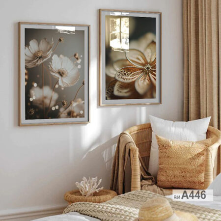 Two golden decorative frames with gold flowers, perfect for adding elegance to your living room or bedroom in Morocco.