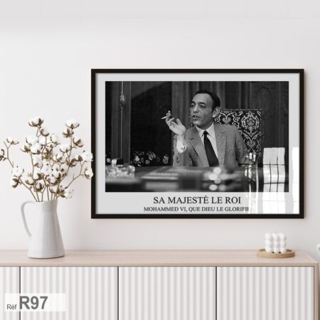 Toile décorative historique, portrait en noir et blanc, Roi Hassan II, art mural classique, king of morocco