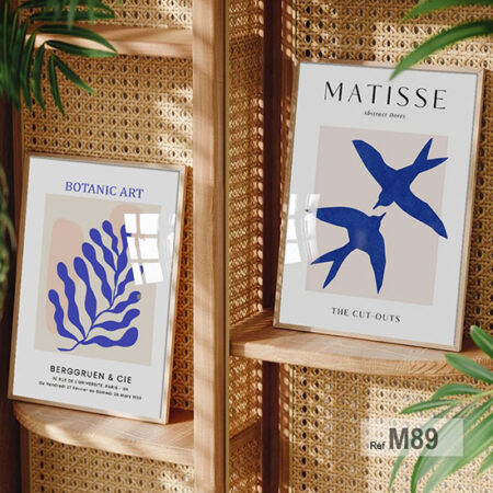 Tableaux modernes oiseaux en style Matisse bleu minimaliste avec cadre sous verre, décoration contemporaine Maroc