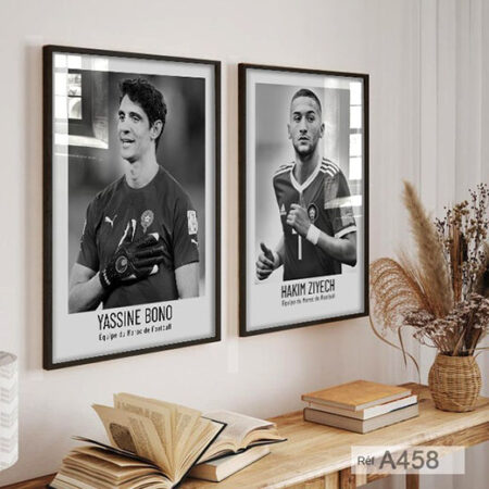 Tableau encadré noir & blanc, Hakim Ziyech & BONO, joueurs de l’équipe foot du Maroc, décoration murale sportive