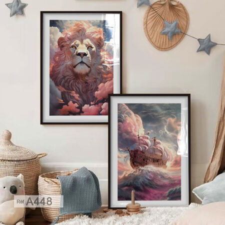 Lion majestueux & navire, pour chambre enfant ou adulte, univer féerique et animé, Tableaux décoratifs roses
