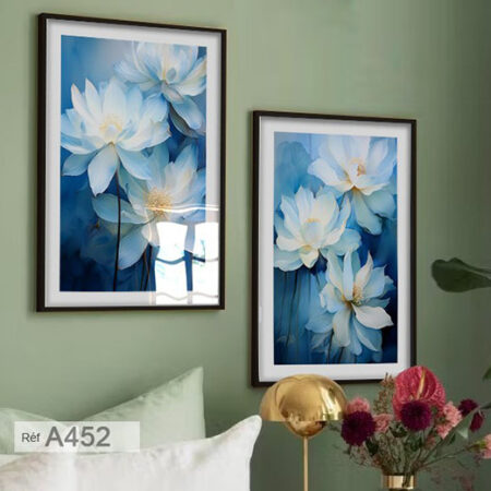 Achat en ligne Maroc : Tableaux muraux fleurs blanches & bleu canard apaisant, décoration intérieure raffinée