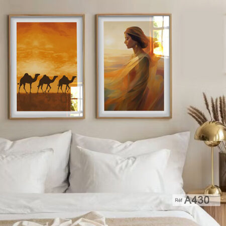 Sublime étendue saharienne du Maroc, jeune femme & caravanes de dromadaires, peinture murale décorative, tableaux encadrés Essaouira ديكور غرفة النوم