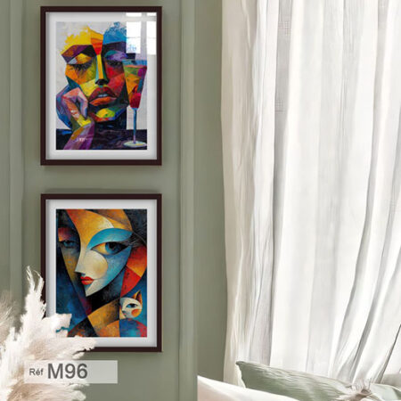 Deux œuvres d'art décoratives, abstraction et figuration, aux couleurs intenses et émotionnelles, peintures acryliques vibrantes